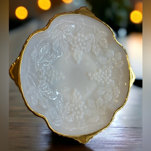 Anchor Hocking Other - Vintage Anchor Hocking Milk Glass Low Pedestal Bowl Gold Trim Grape Leaf Design